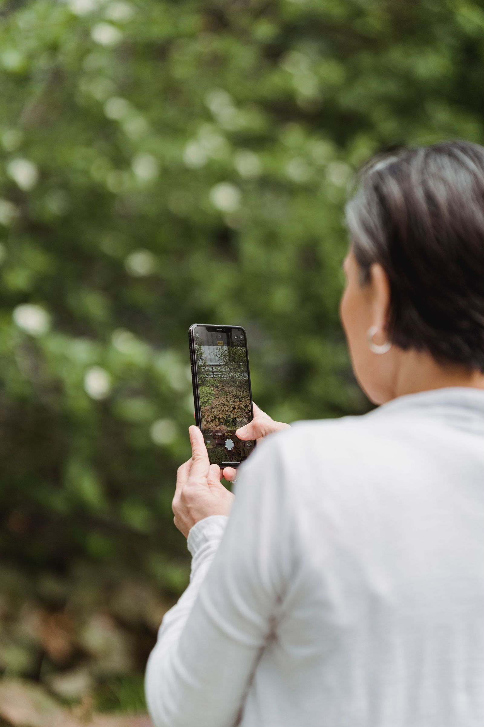 Person photographing plants outdoors with a smartphone