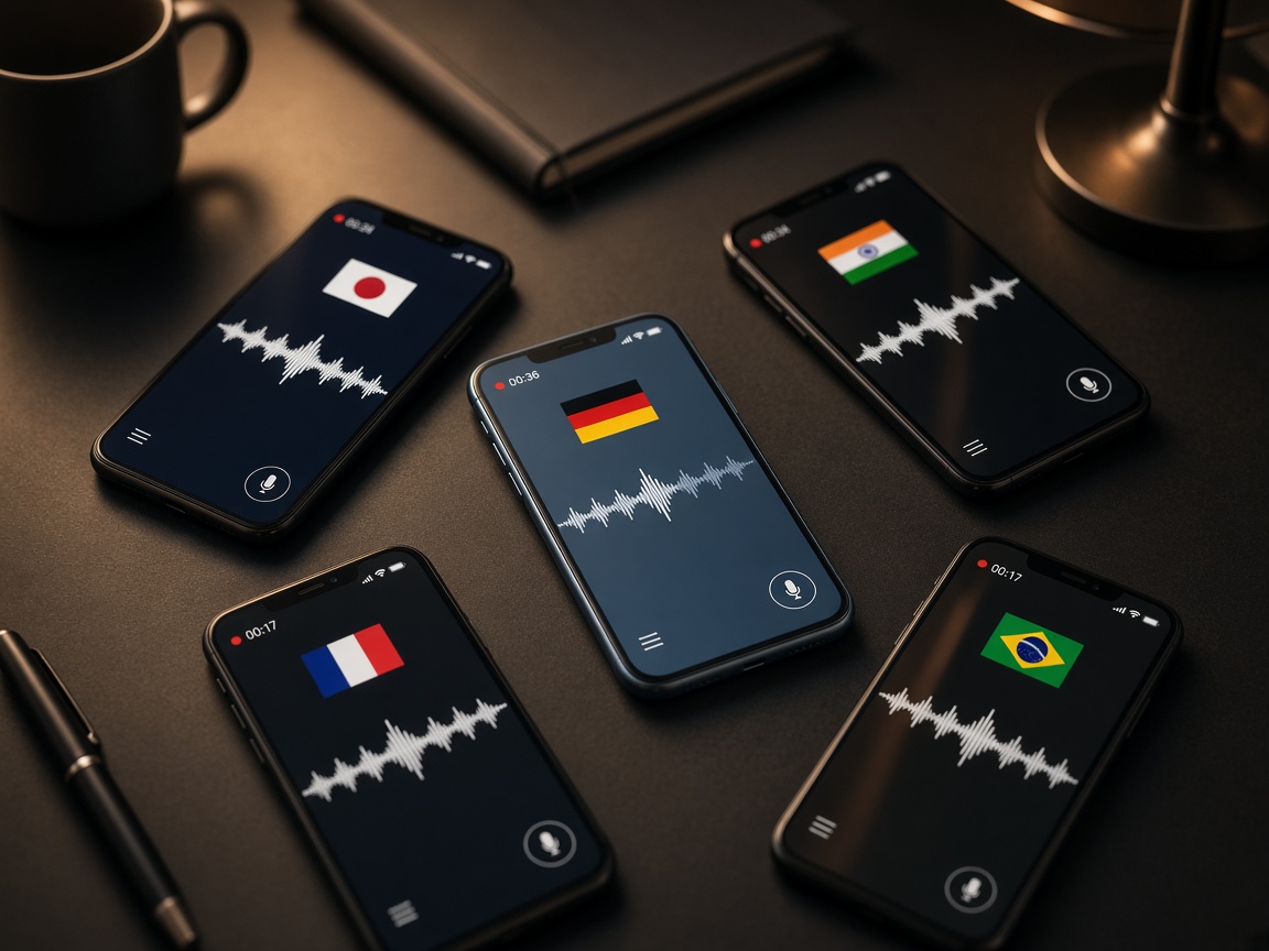 Several smartphones on a desk showing audio waveforms and country flags