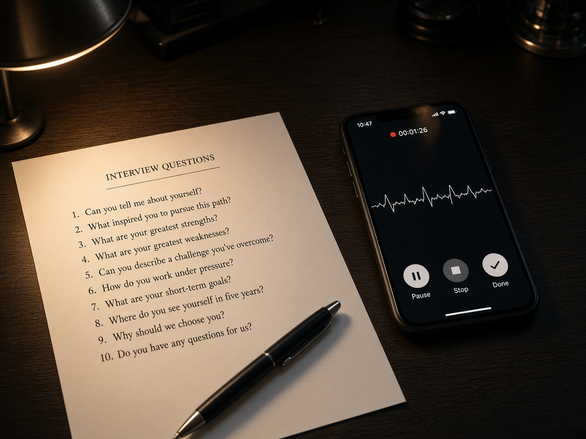 Printed list of phrases next to a smartphone recording audio