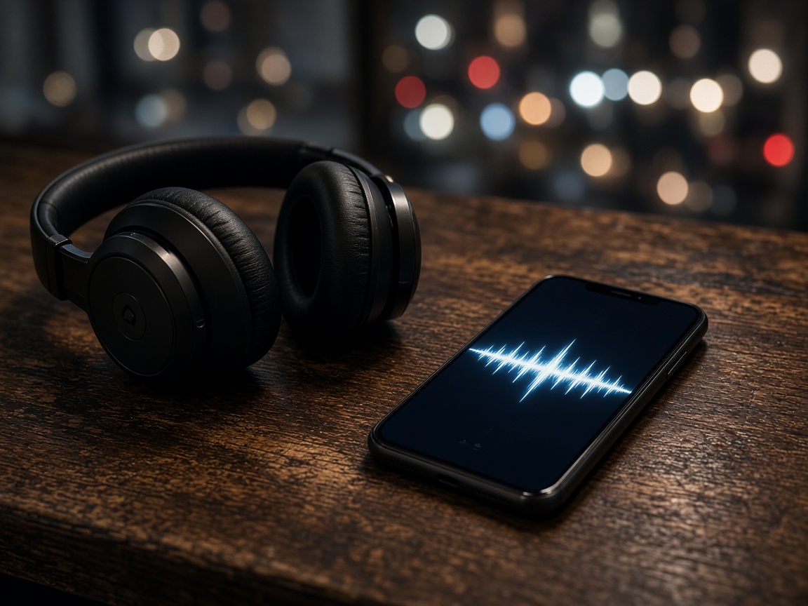 Headphones and a smartphone with an audio waveform on a dark wooden table
