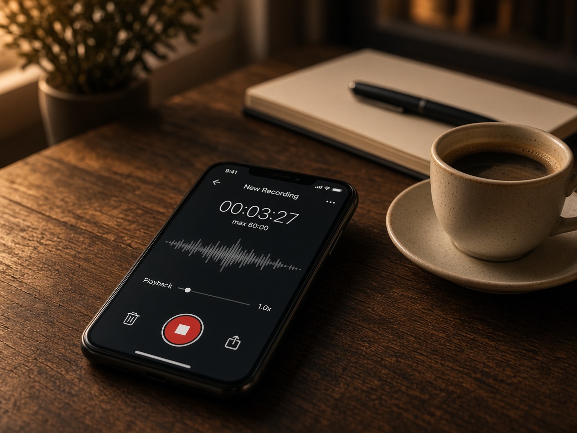 Smartphone on a desk showing a voice recording screen with an audio waveform