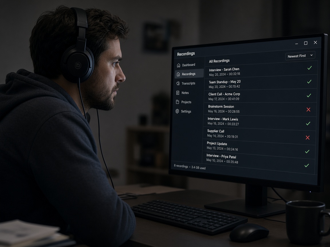 Person with headphones reviewing audio recordings with approve and reject marks
