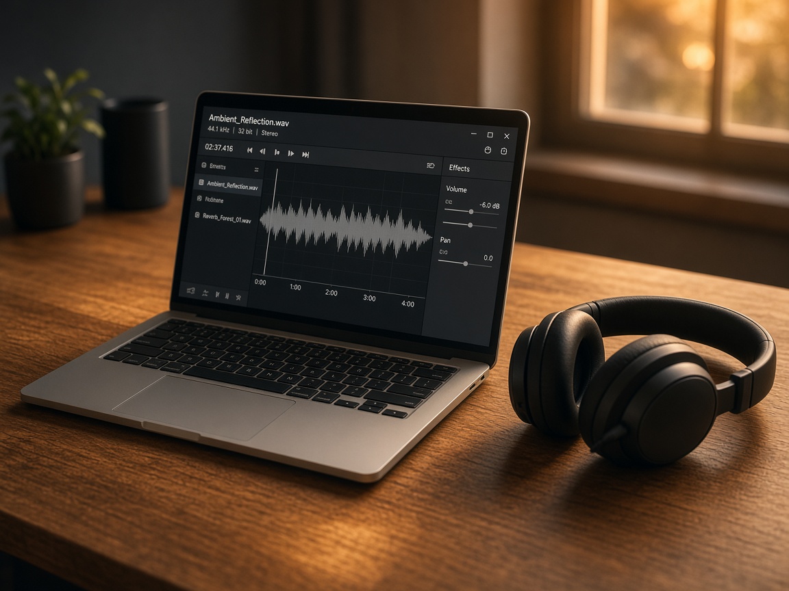 Laptop showing an audio waveform with headphones on a wooden desk