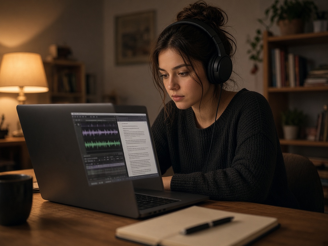 Woman with headphones checking audio and text on a laptop