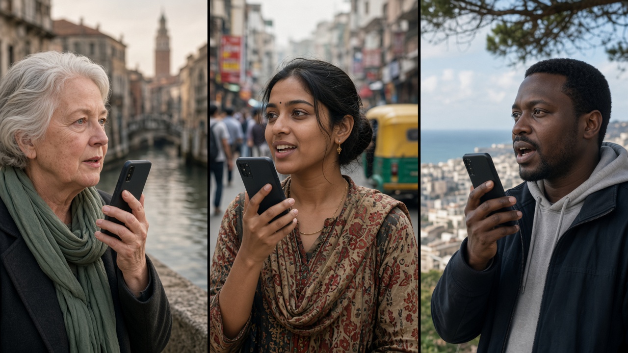 People in different countries recording voice messages on their smartphones