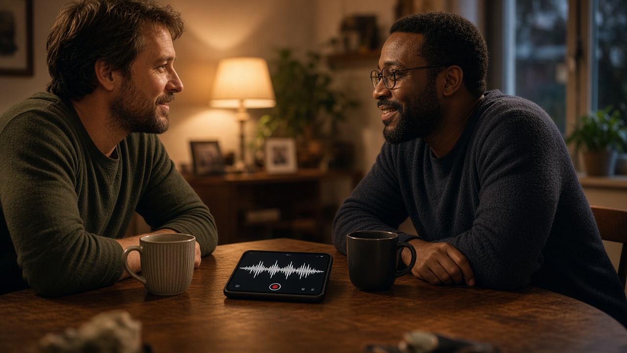 Two friends at home talking while a smartphone between them records the conversation