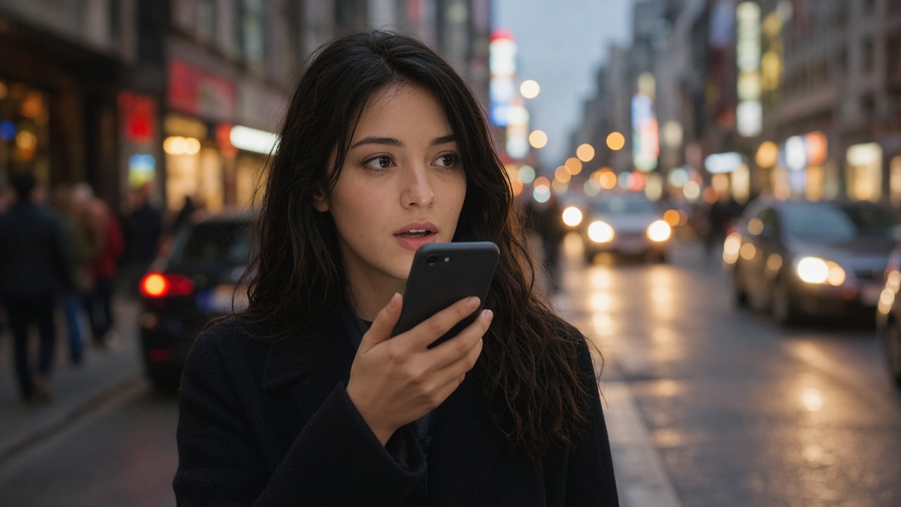 Woman on a busy city street recording a voice message on her smartphone