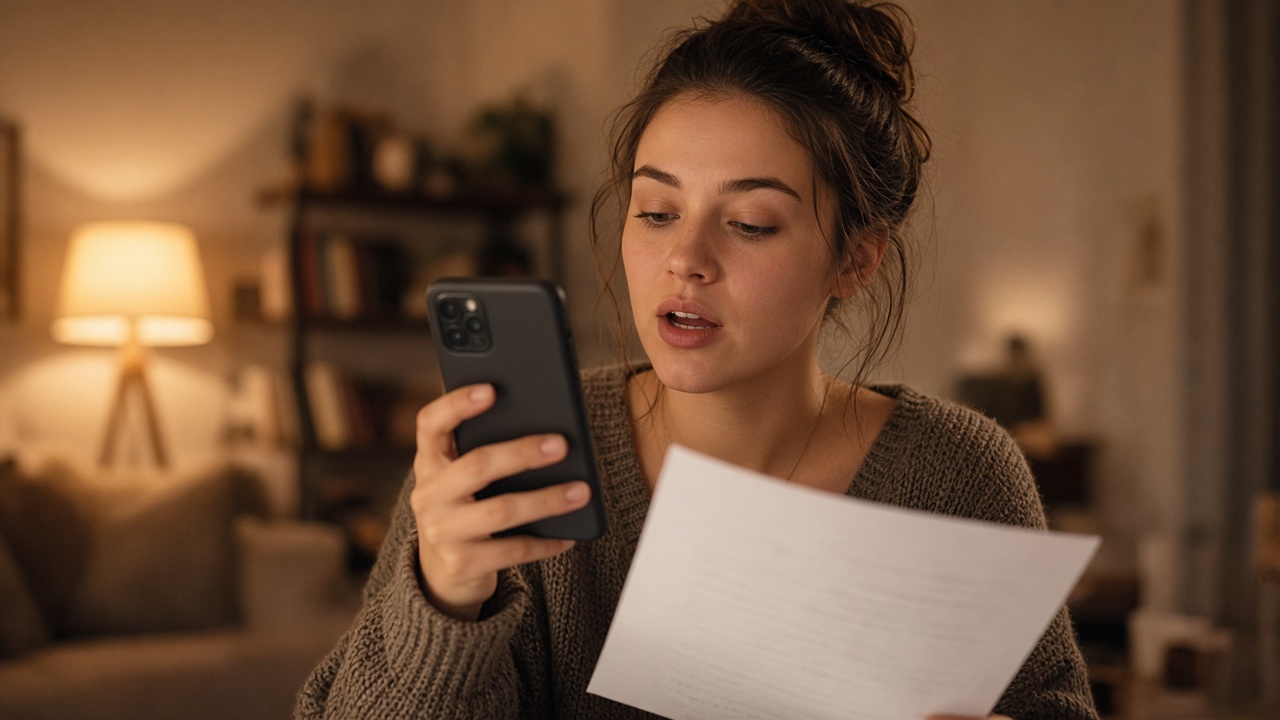 Woman at home reading from a script while recording on her smartphone