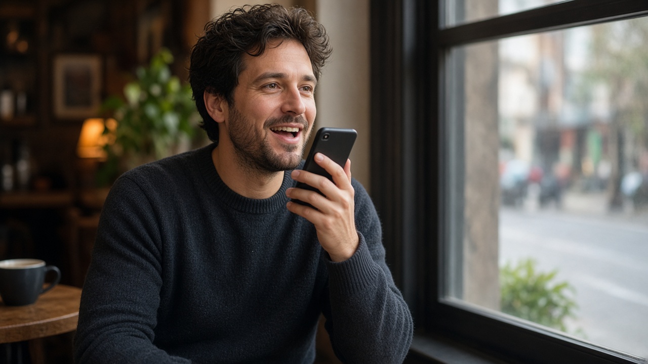 Man in a café talking naturally while recording a voice message on his phone