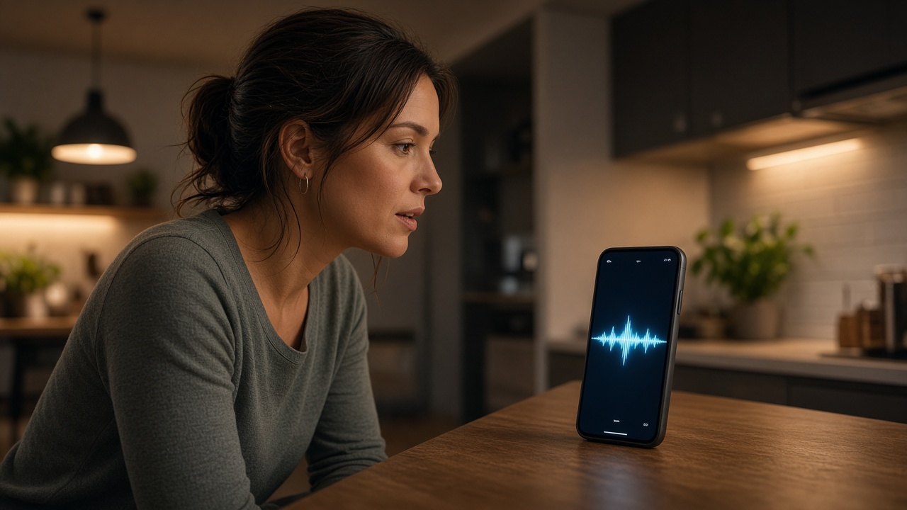 Person in a kitchen speaking a short command toward a smartphone on the counter
