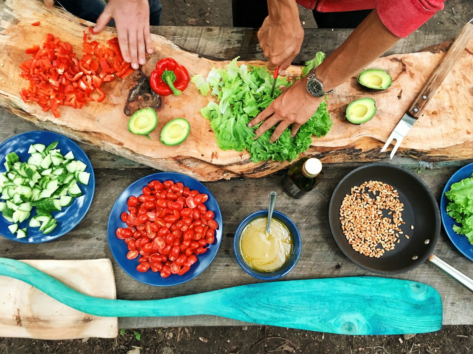 Hands cooking filmed from above in a first-person view